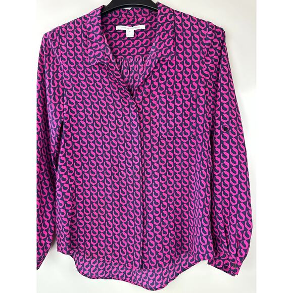 Diane von Furstenberg Silk Button Blouse Pink Navy Top Lorelei Chain DVF Size 8 - Picture 4 of 16
